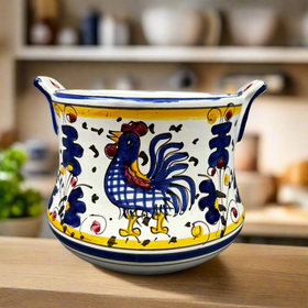 Vintage Condition Italian or Portugal Pot with Rooster Blue, Yellow, White