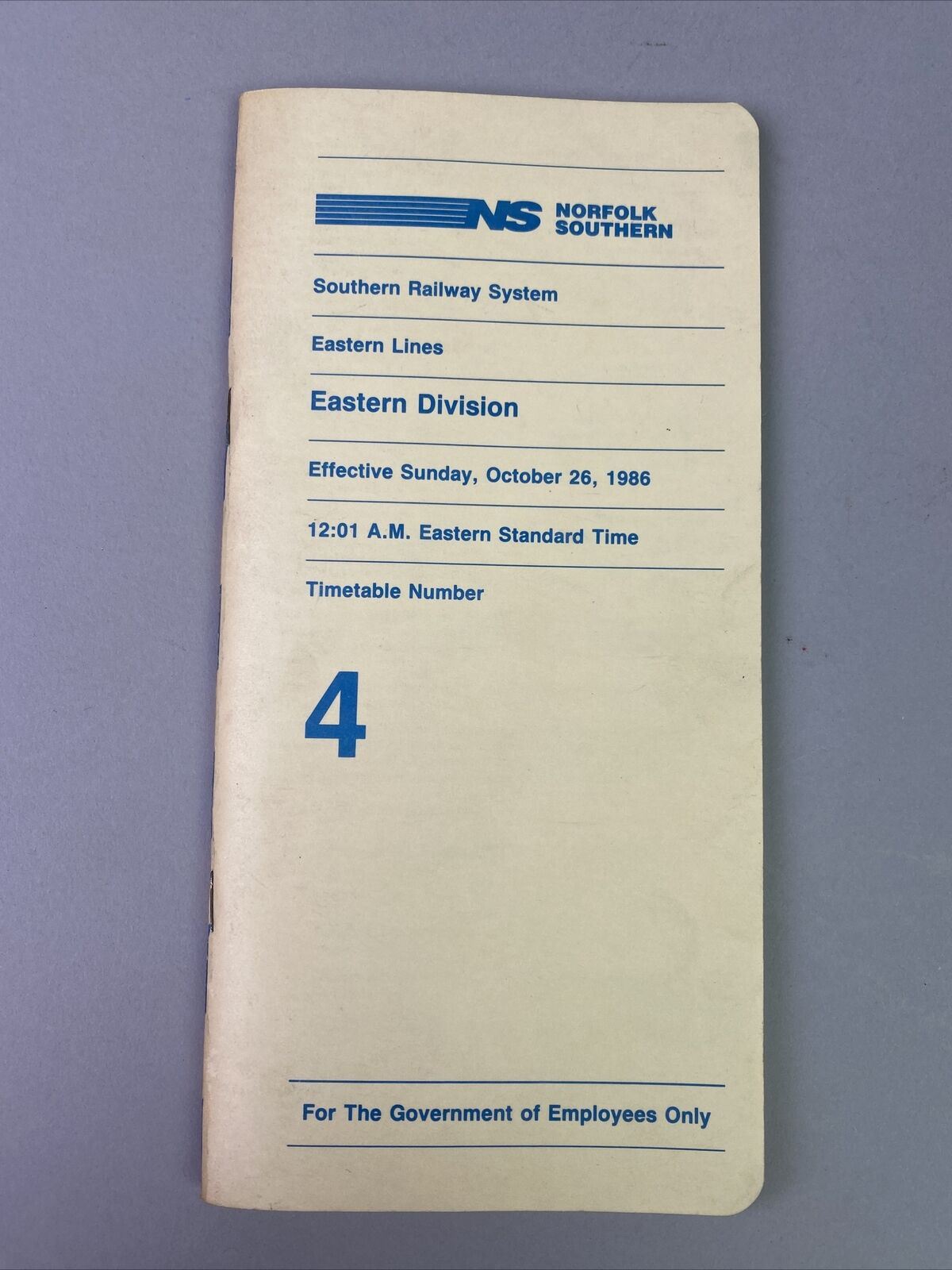 Norfolk Southern NS Easter Division Eastern Lines Timetable #4, October 1986