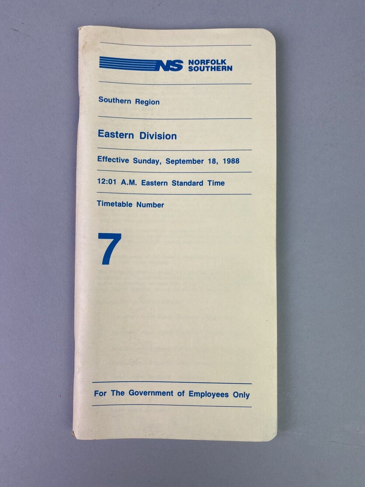 Norfolk Southern NS Eastern Division Southern Region Timetable #7,September 1988