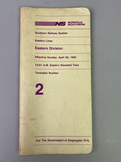 Norfolk Southern NS Eastern Division Eastern Lines Timetable #2 April 28 1985