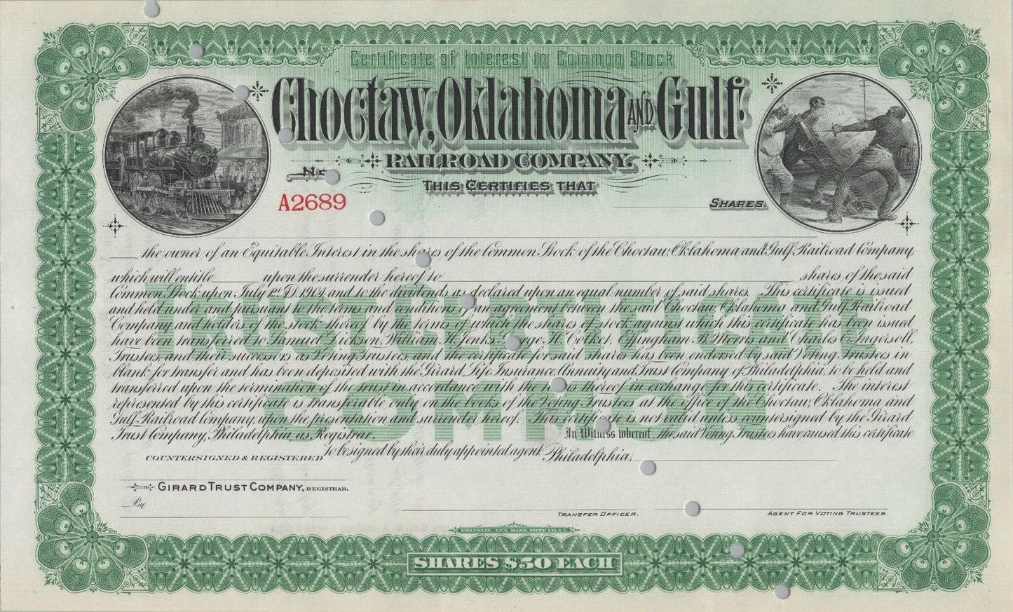 Choctaw, Oklahoma and Gulf  Railroad Company Green Stock Certificate