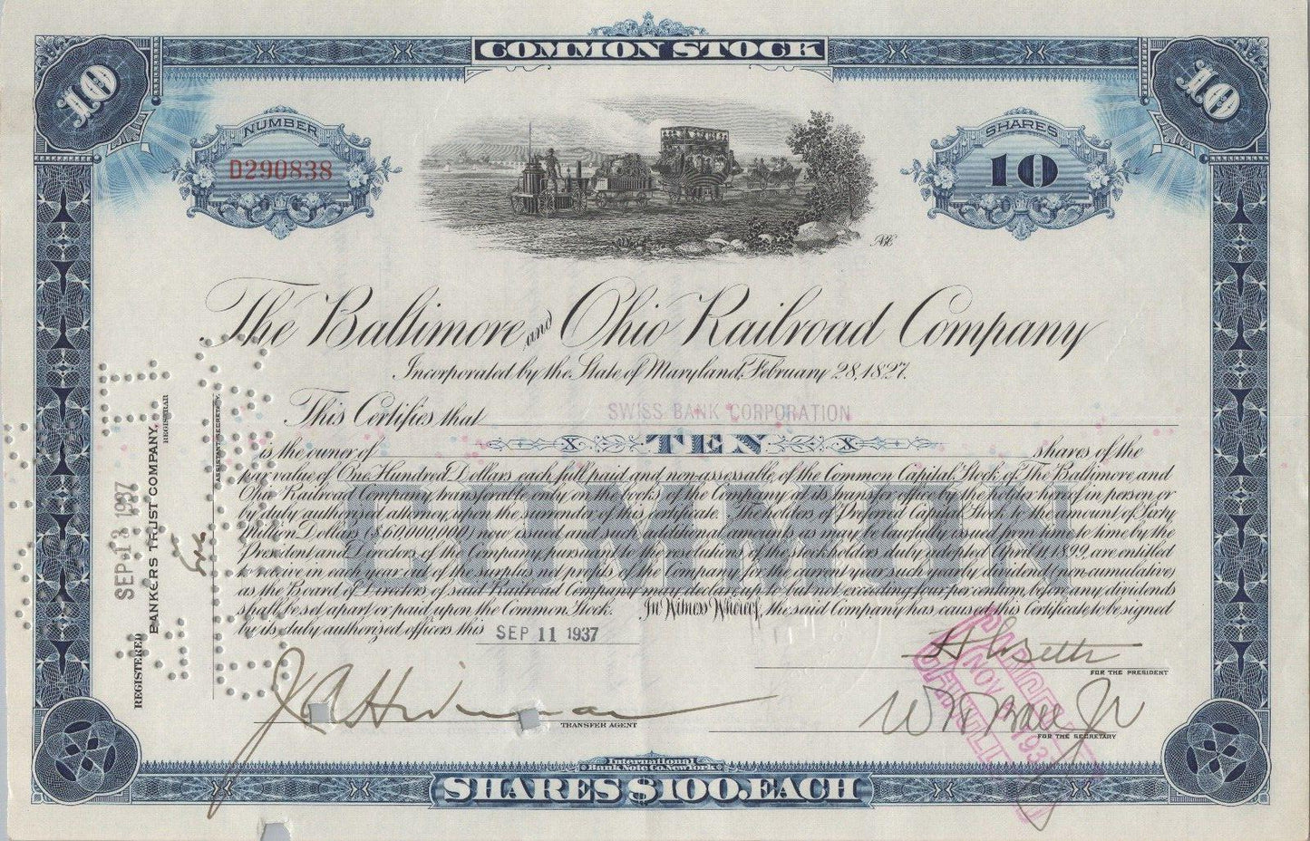 Baltimore and Ohio Railroad Blue Stock Certificate dated September 11th 1937