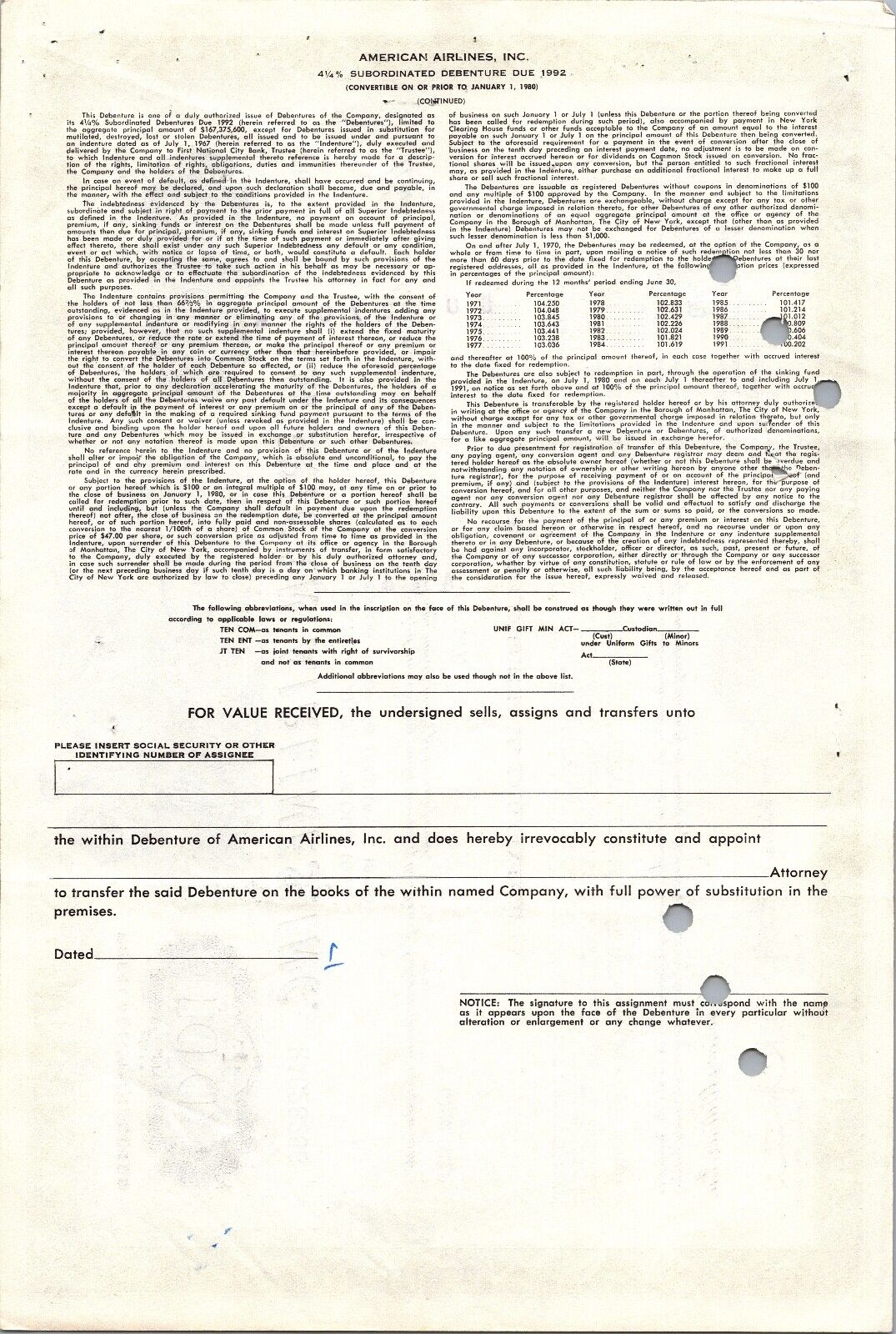 American Airline Inc Stock, August 19th, 1970