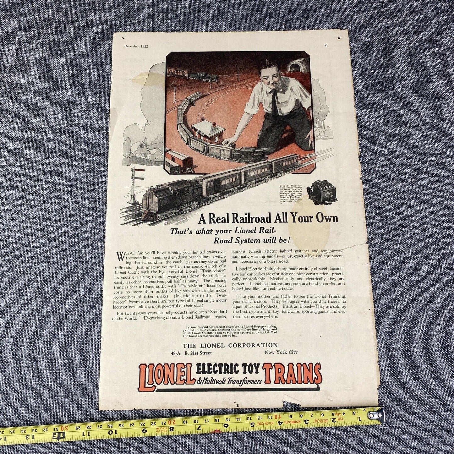 Lionel Electric Toy Trains Advertisement , The American Boy - December 1922