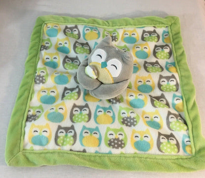 Carters Owl Bird Security Blanket Lovey Gray Yellow Lime Green Aqua Blue Nunu