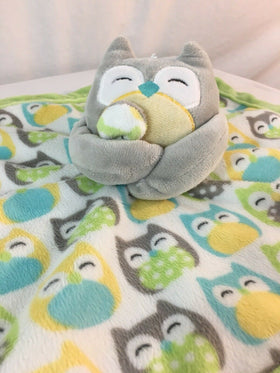 Carters Owl Bird Security Blanket Lovey Gray Yellow Lime Green Aqua Blue Nunu