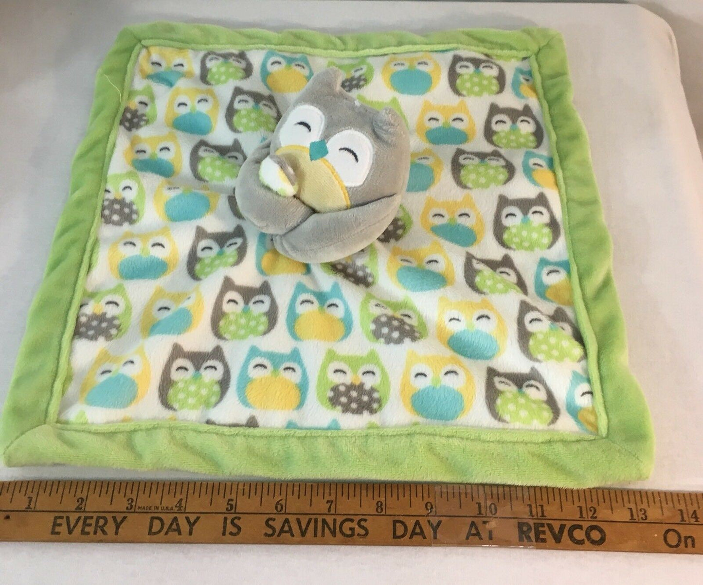 Carters Owl Bird Security Blanket Lovey Gray Yellow Lime Green Aqua Blue Nunu