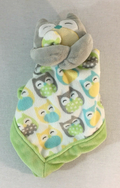 Carters Owl Bird Security Blanket Lovey Gray Yellow Lime Green Aqua Blue Nunu