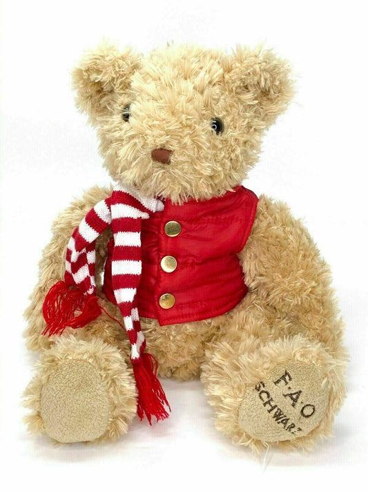 FAO Schwarz Plush Teddy Bear in Light Brown w/Red Jacket & Scarf 12" Plush