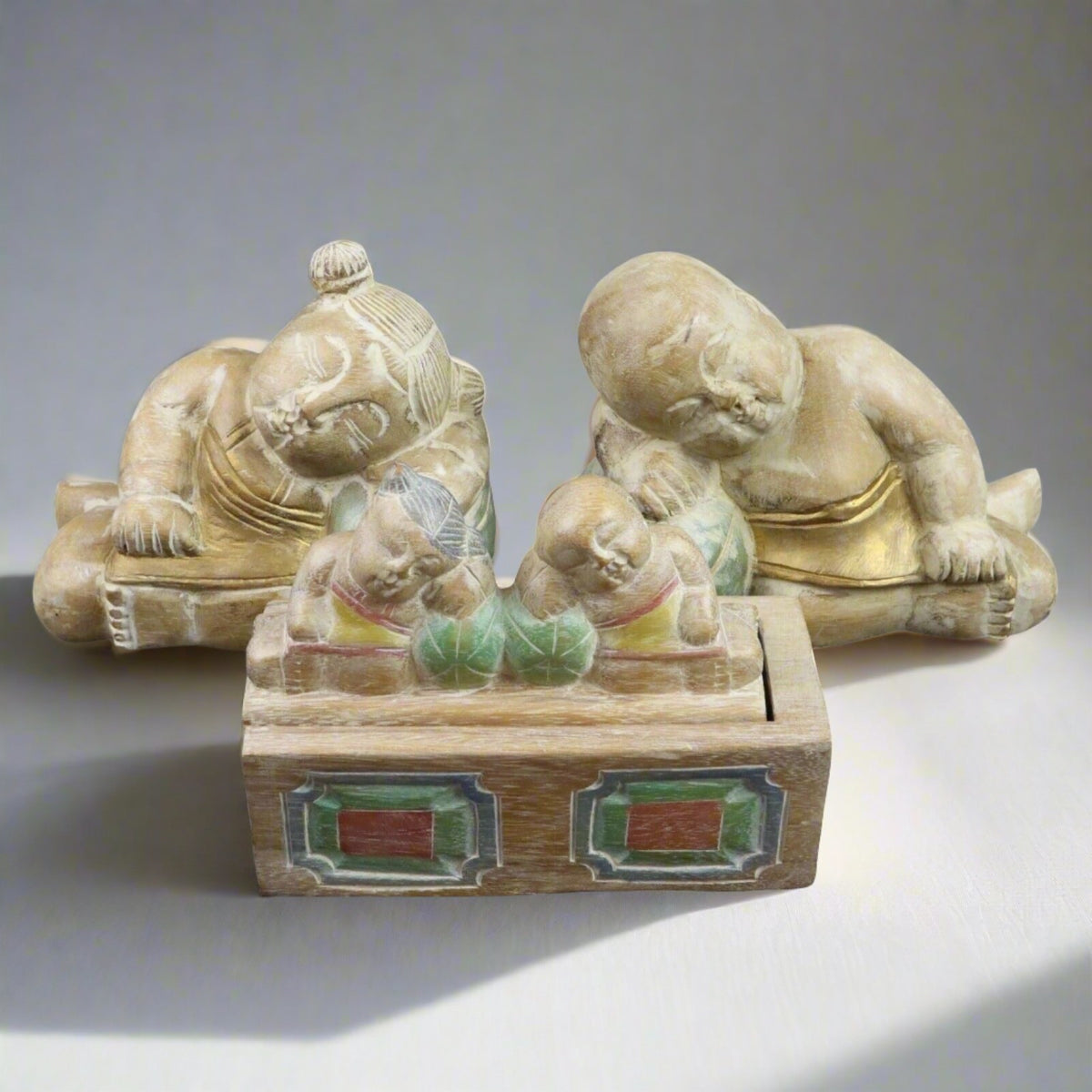 Set of 3 - Wooden Carved Box and Two Wooden Carved Figurines