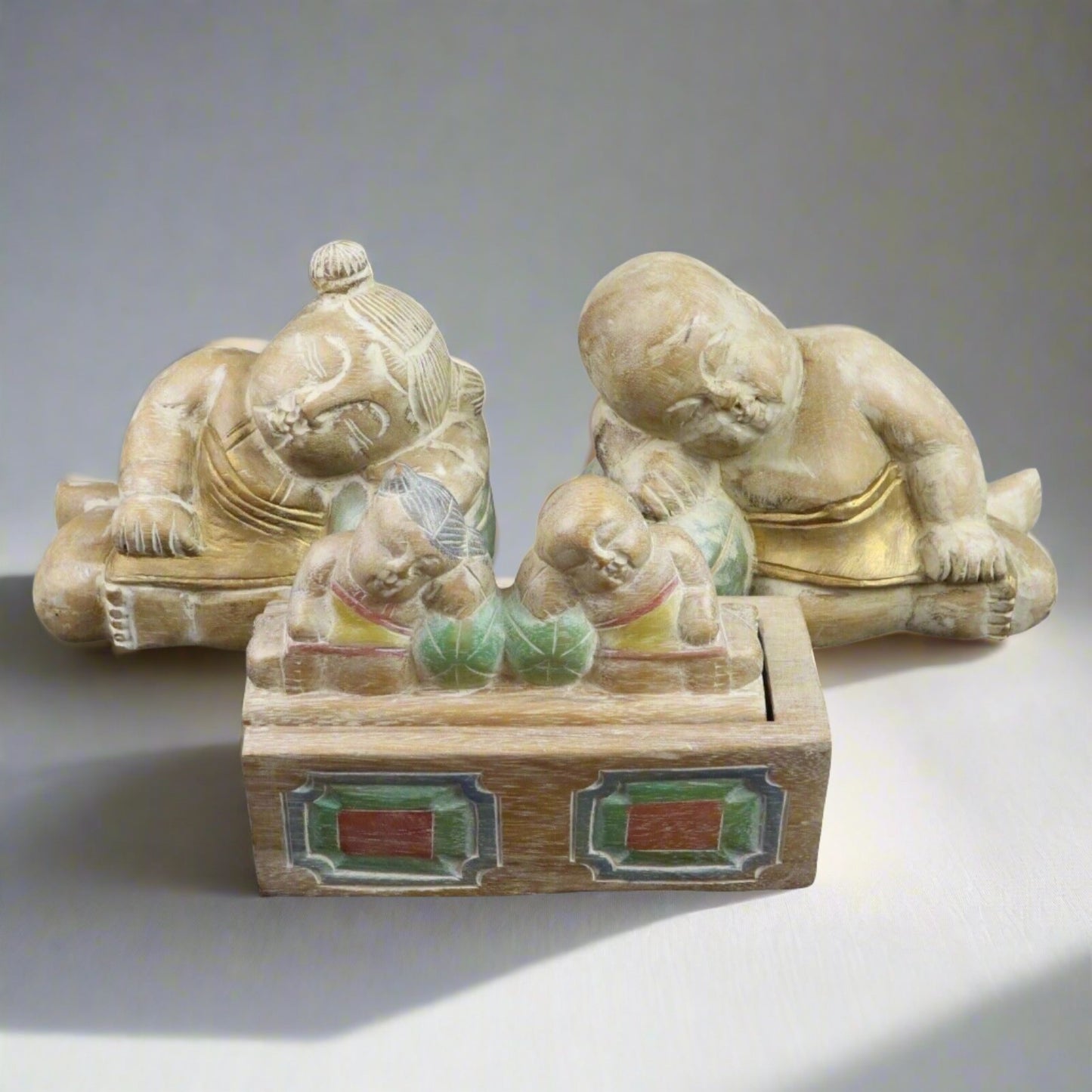 Set of 3 - Wooden Carved Box and Two Wooden Carved Figurines