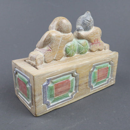 Set of 3 - Wooden Carved Box and Two Wooden Carved Figurines