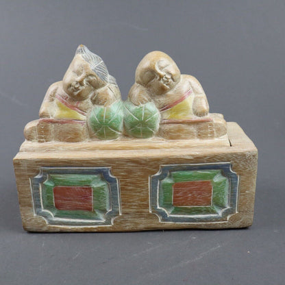 Set of 3 - Wooden Carved Box and Two Wooden Carved Figurines