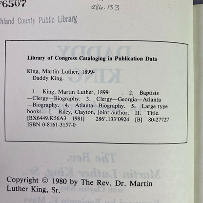 King, Martin Luther Daddy King An Autobiography, first edition