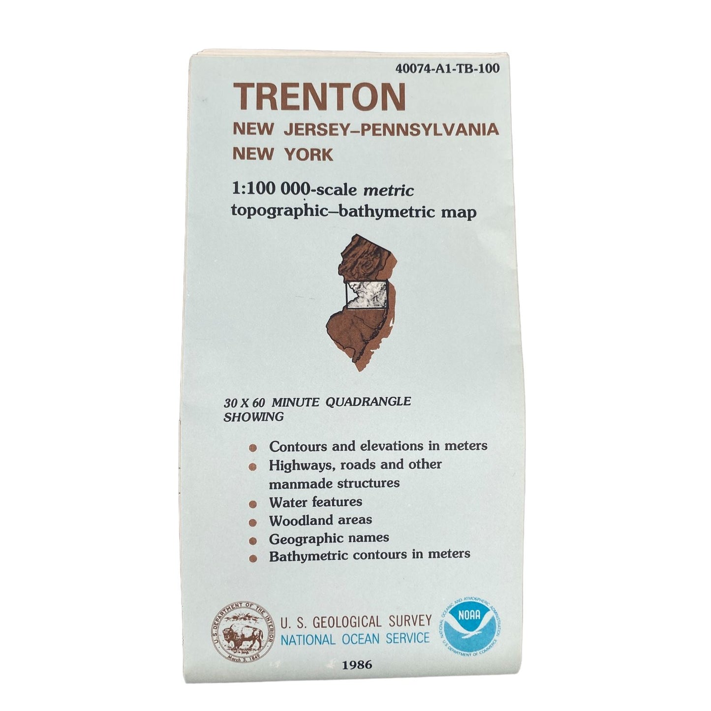 USGS Topographic Map 1986 Survey 30"x60" NJ, PA, NY Trenton 44074-A1-TB-100