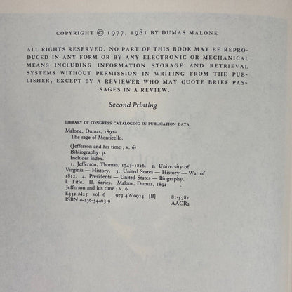 Jefferson and His Time, The Sage of Monticello by Dumas Malone