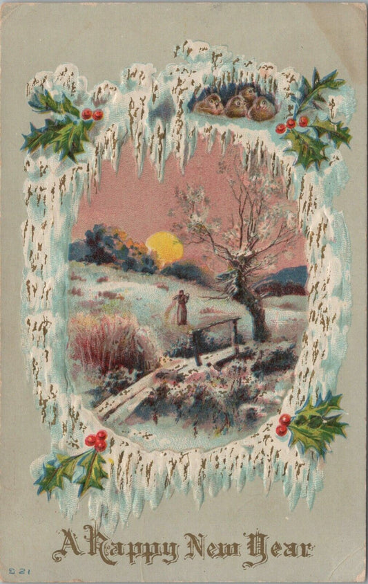 Antique 1912 Postcard: A Happy New Year Posted with Stamp (Landscape)