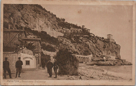 Antique Postcard France/Italy border Guards , Menton, France