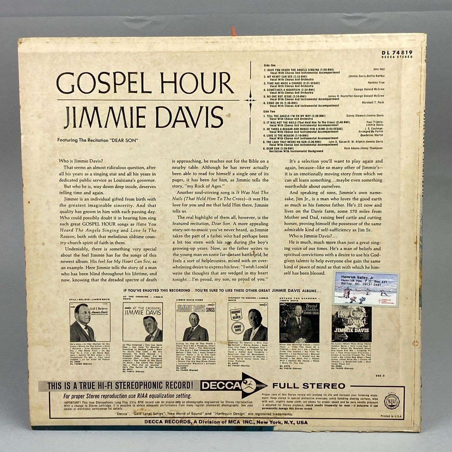 Jimmie Davis Gospel Hour LP Record Album Vinyl