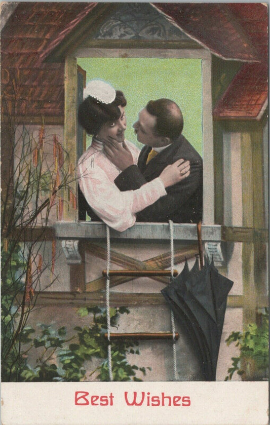 Antique Postcard: Best Wishes, Kissing couple, unposted