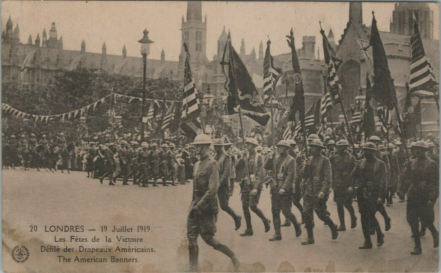 Antique Postcard: France -  Defile des Drapeaux Amercains, The American Banners