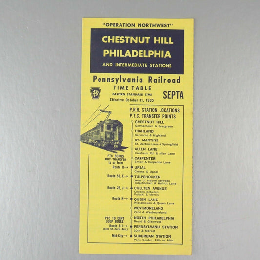 Chestnut Hill, Pennsylvania Railroad Time Table October 31, 1965