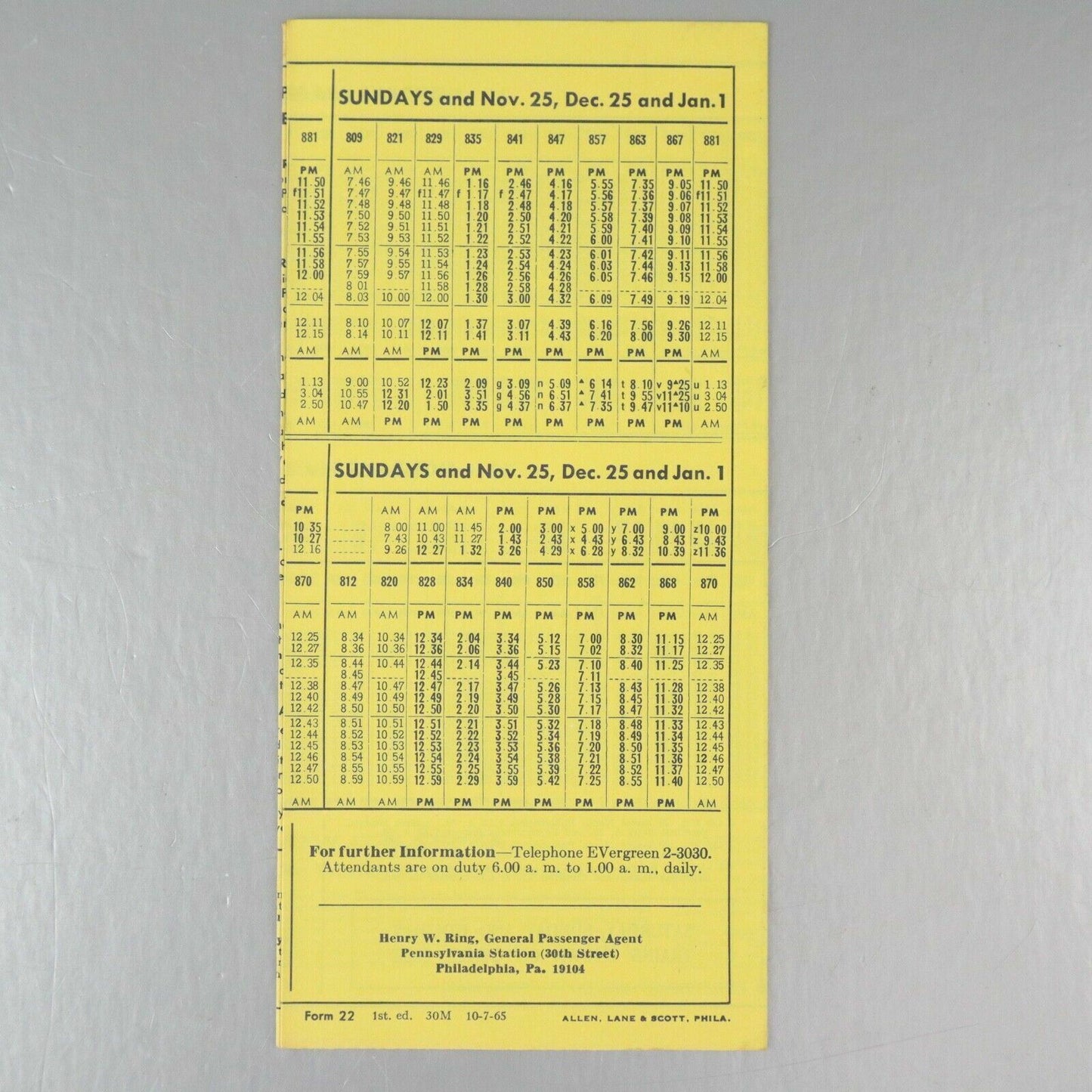 Chestnut Hill, Pennsylvania Railroad Time Table October 31, 1965