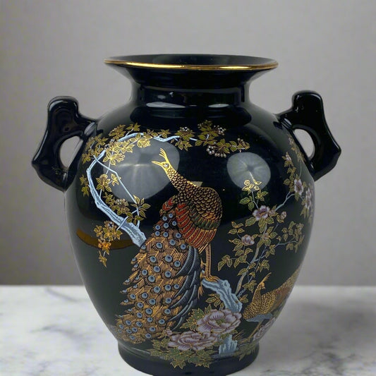 Satsuma Style Vase with Peacock Design 6.75" Tall