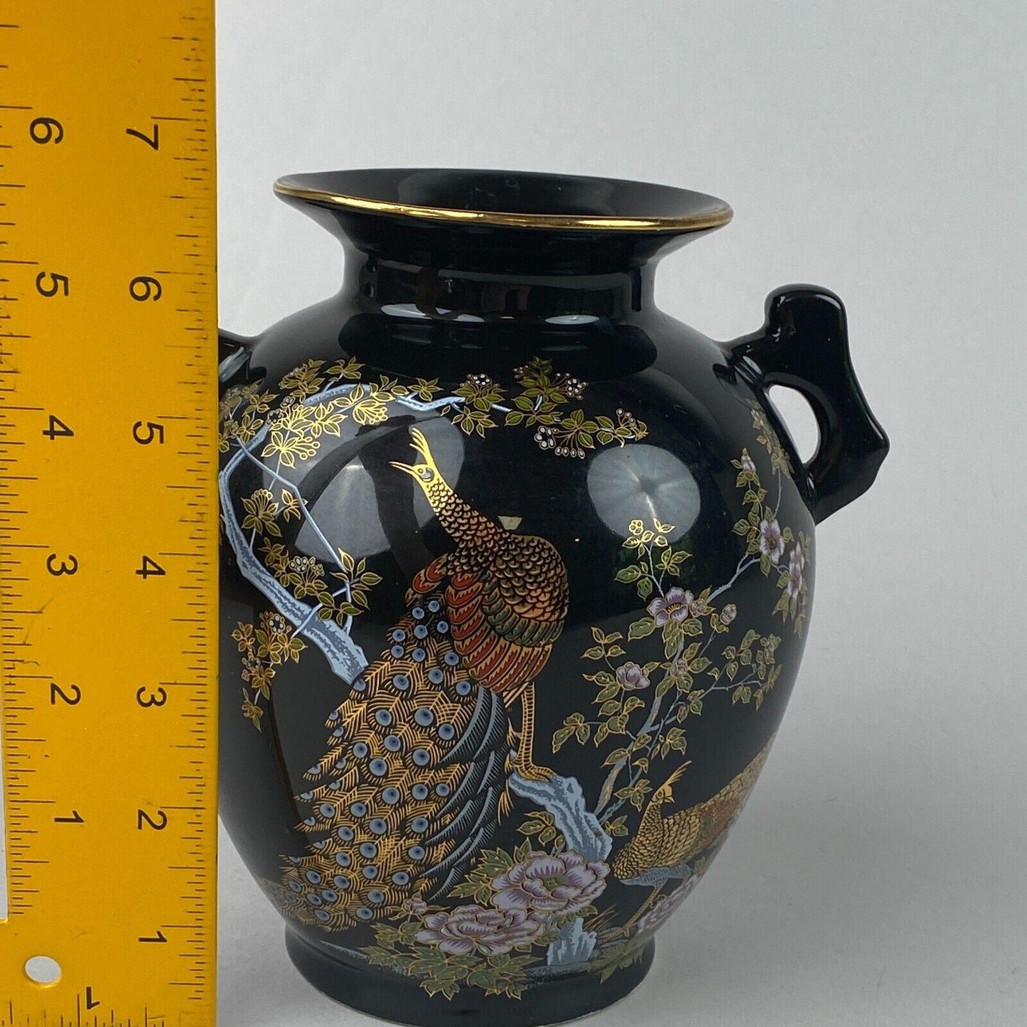 Satsuma Style Vase with Peacock Design 6.75" Tall