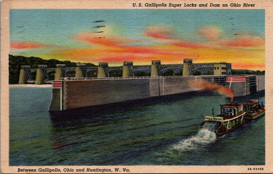 US Gallipolis Super Locks And Dam Huntington W Va West Virginia Linen Postcard