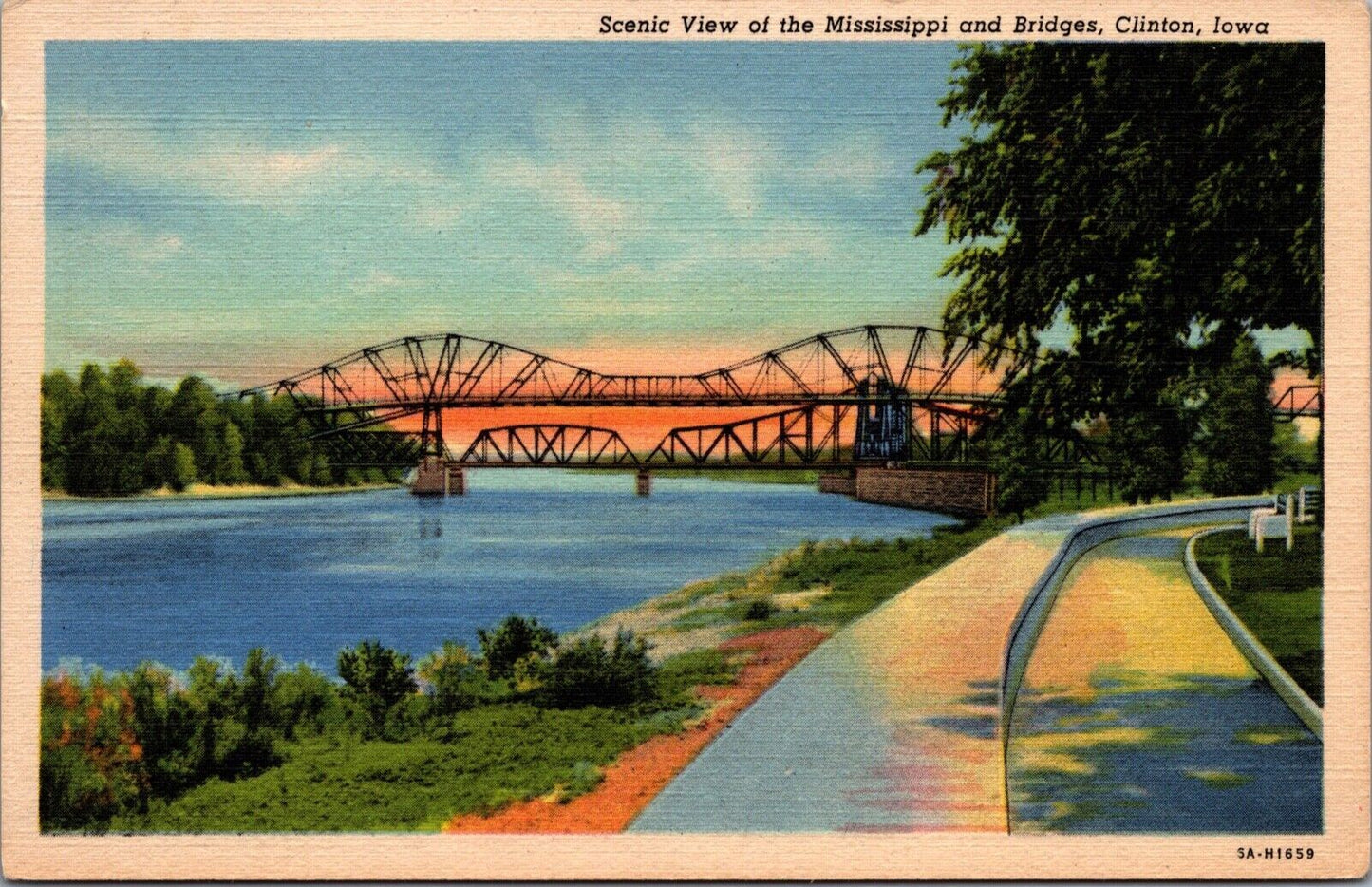 Vintage Linen Postcard Clinton Iowa Mississippi River Bridges