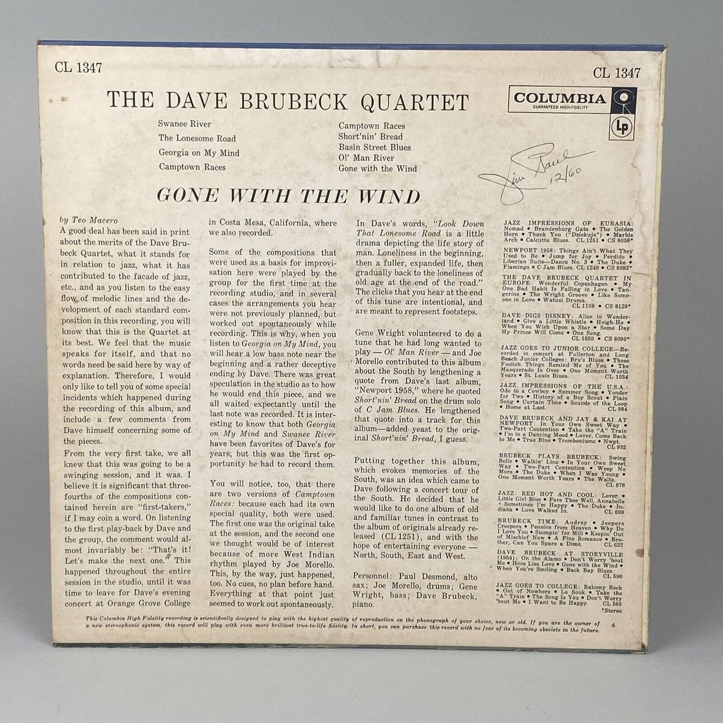 Gone with the Wind The Dave Brubeck Quartet, Columbia Six Eye (6 Eye) Vinyl