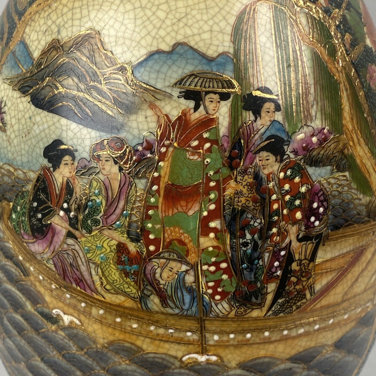 Super Royal Sasuma Vase Gold Geisha's Fishing Scene 10" Tall