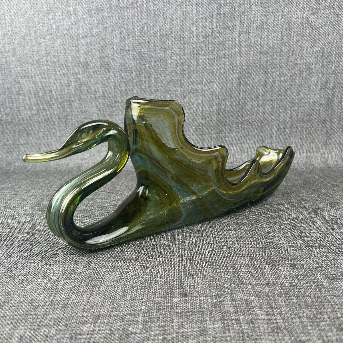 Vintage Large Cobalt Green Swan Hand Blown Centerpiece Bowl Art Glass 15.5” x 6”