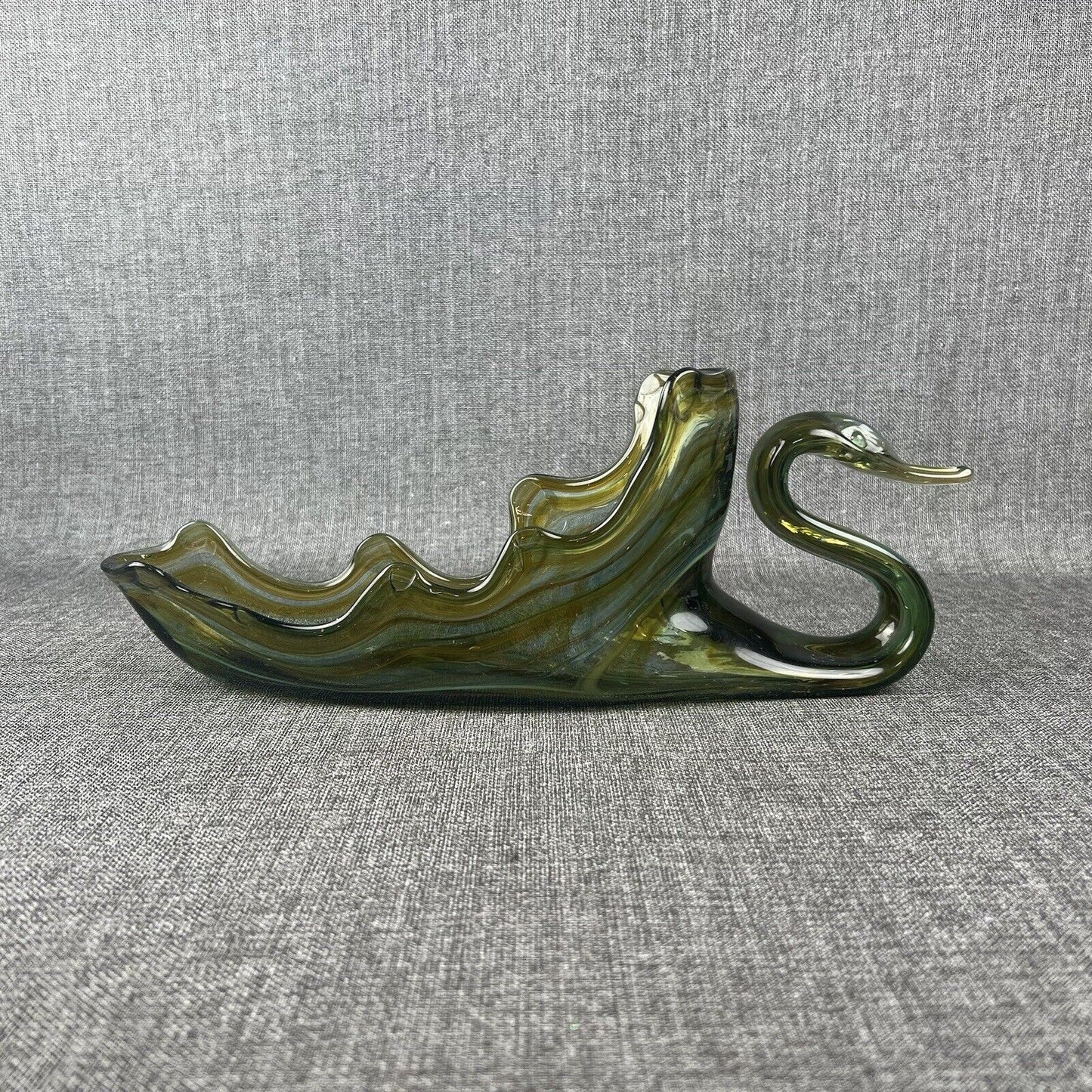 Vintage Large Cobalt Green Swan Hand Blown Centerpiece Bowl Art Glass 15.5” x 6”