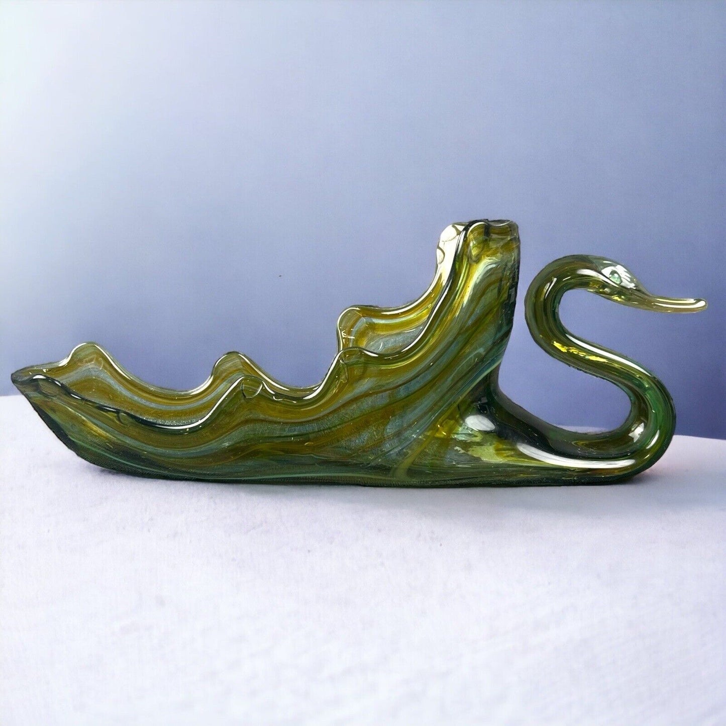 Vintage Large Cobalt Green Swan Hand Blown Centerpiece Bowl Art Glass 15.5” x 6”