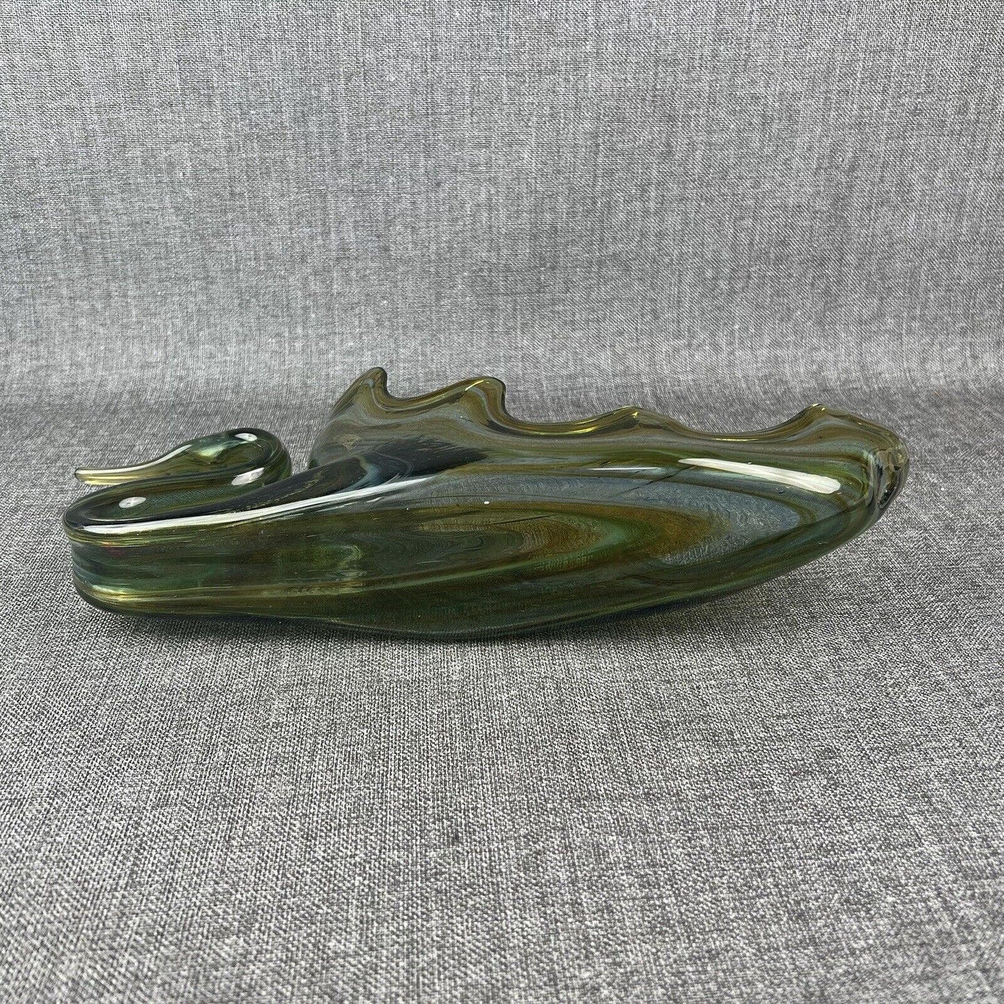 Vintage Large Cobalt Green Swan Hand Blown Centerpiece Bowl Art Glass 15.5” x 6”