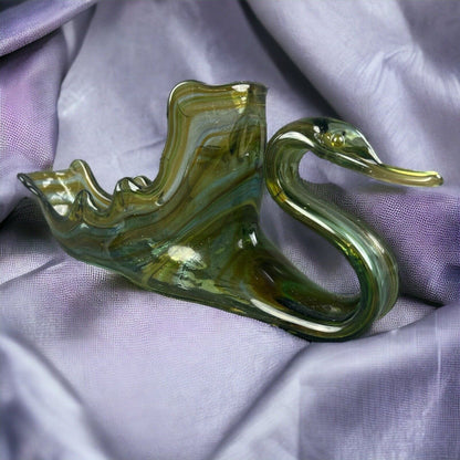 Vintage Large Cobalt Green Swan Hand Blown Centerpiece Bowl Art Glass 15.5” x 6”