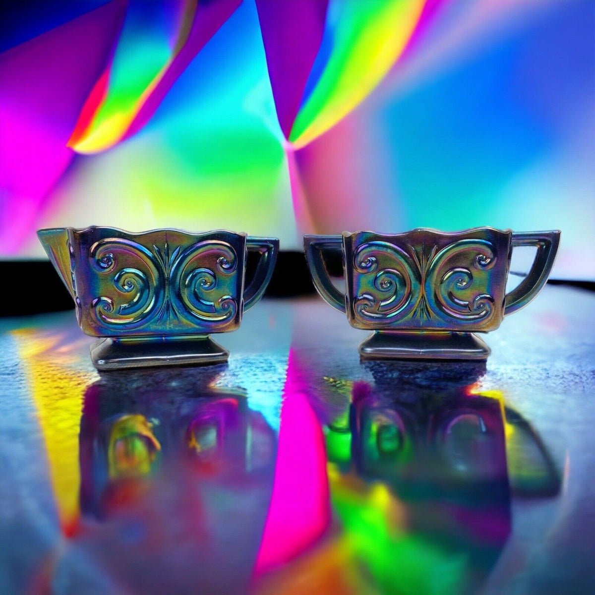 Vintage Indiana Glass Windsor Carnival Iridescent Blue Creamer & Sugar Bowl Set