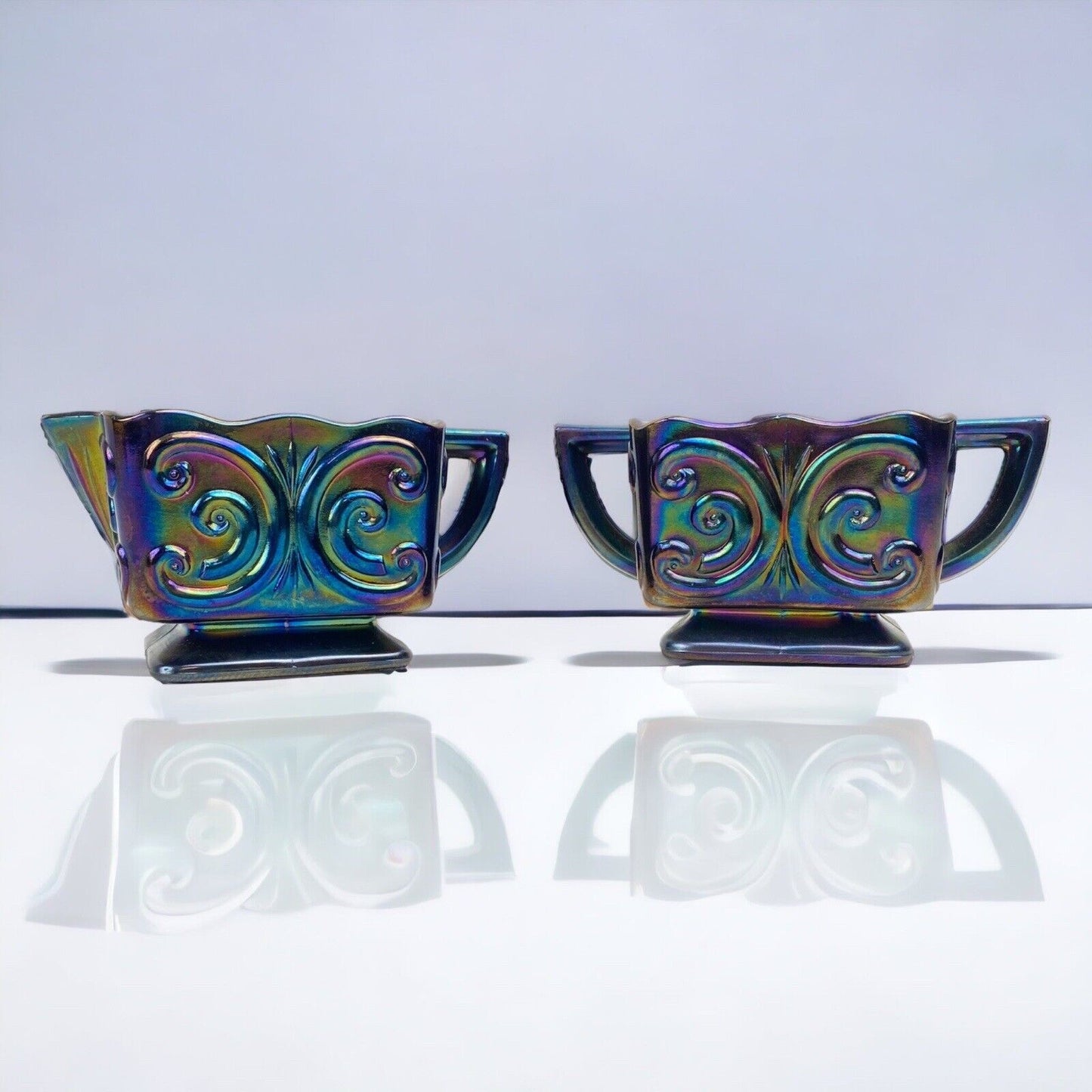 Vintage Indiana Glass Windsor Carnival Iridescent Blue Creamer & Sugar Bowl Set