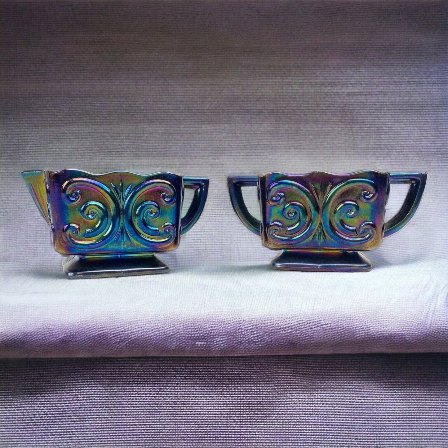 Vintage Indiana Glass Windsor Carnival Iridescent Blue Creamer & Sugar Bowl Set