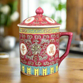 Chinese Tea Mug w/ Lid  Vintage Rosey Red Porcelain Jingdezhen Longevity