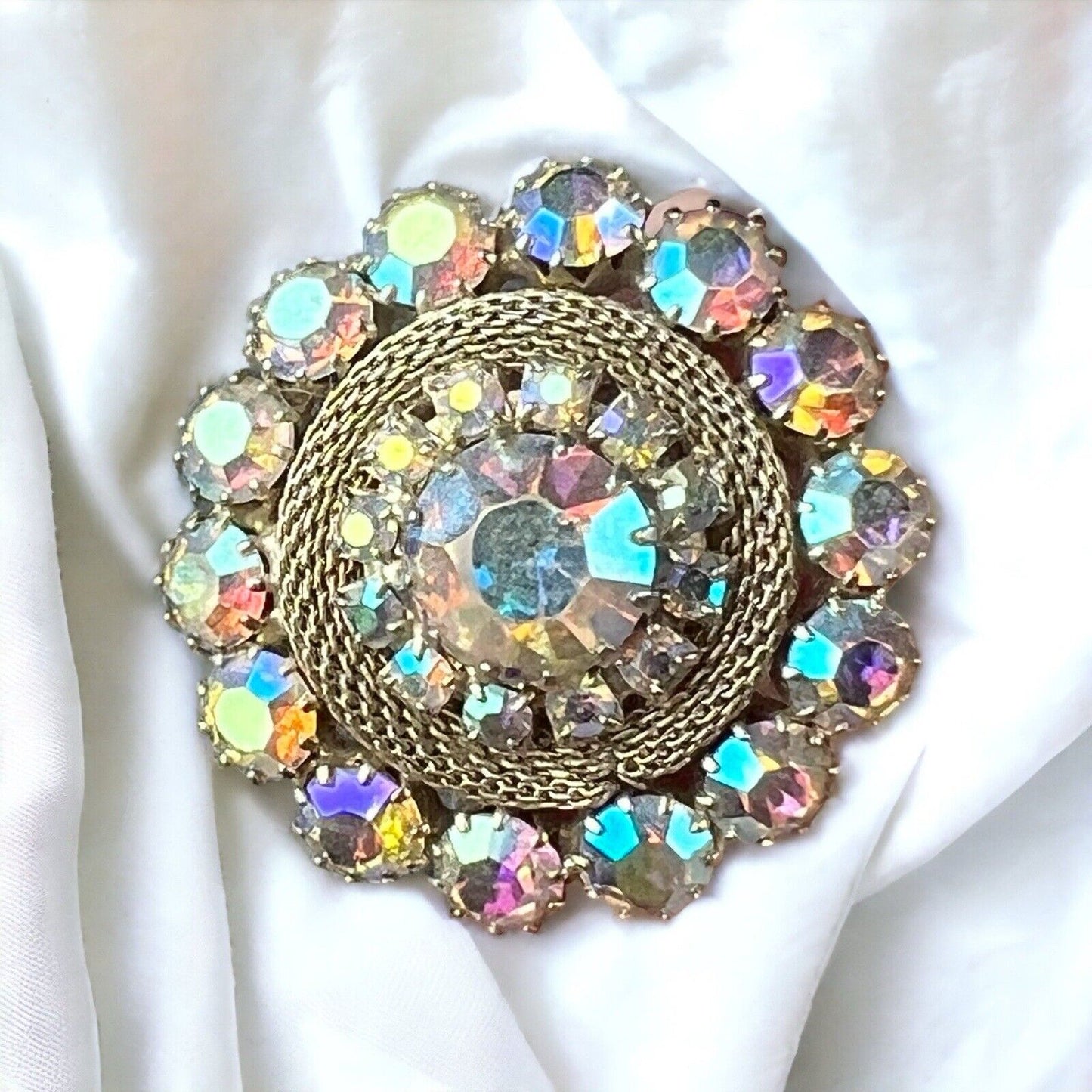 Vintage Weiss Brooch 1.25" Aurora Borealis Iridescent Rhinestones