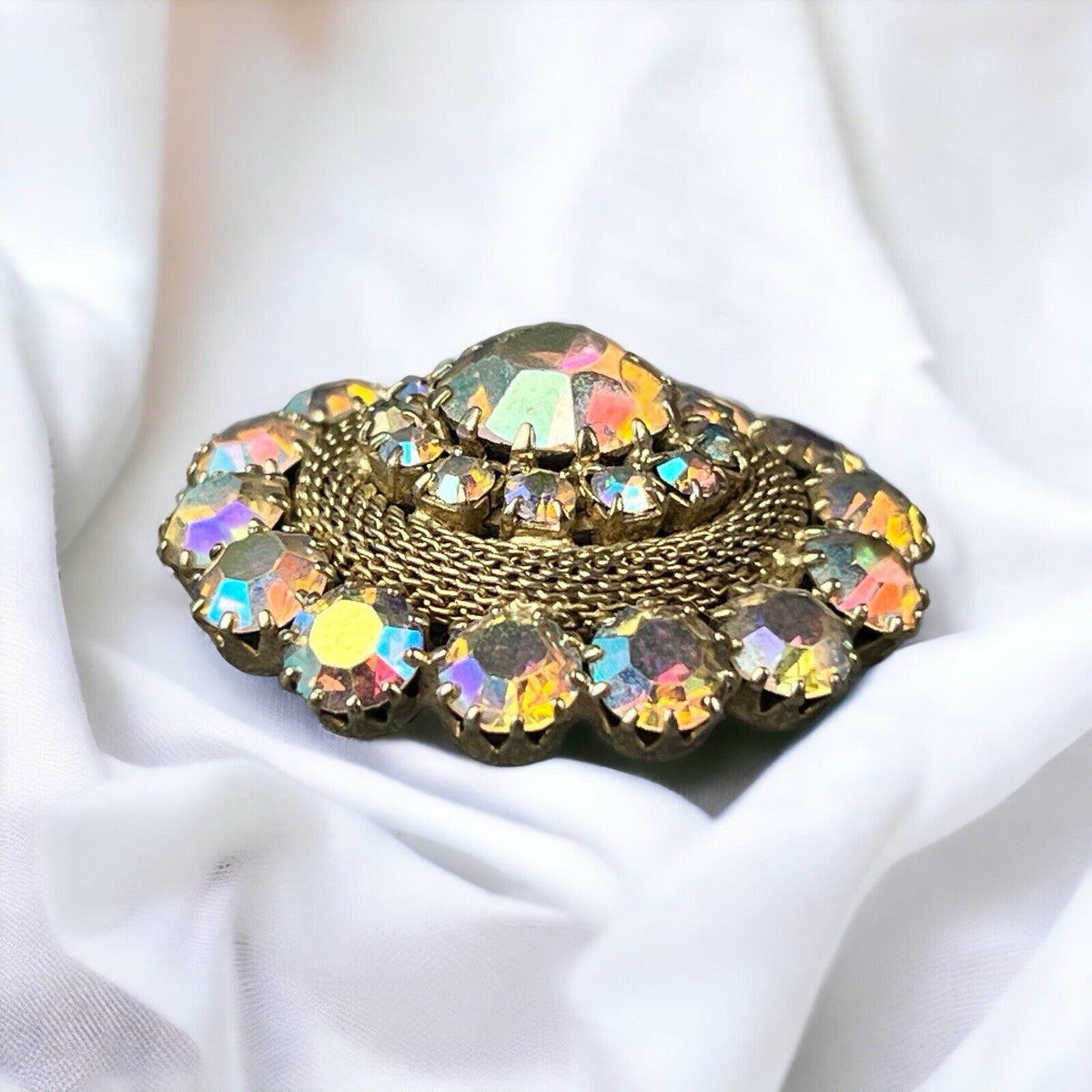 Vintage Weiss Brooch 1.25" Aurora Borealis Iridescent Rhinestones