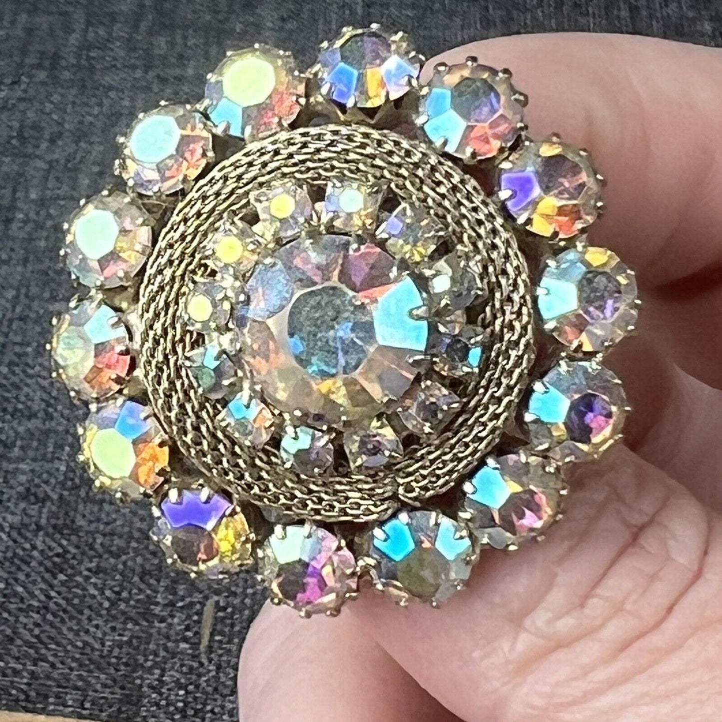 Vintage Weiss Brooch 1.25" Aurora Borealis Iridescent Rhinestones