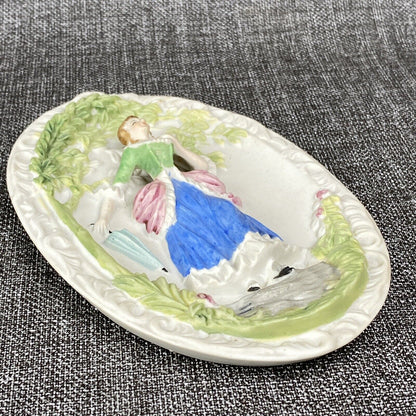 Occupied Japan Bisque Victorian Green Blue Pink Wall Hanging 3D