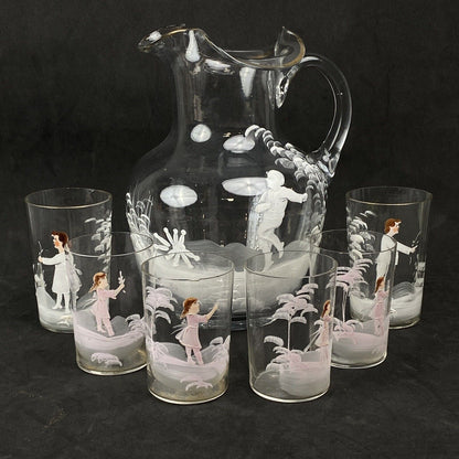 Mary Gregory Glass Pitcher and 6 Cups White and Pink (READ)