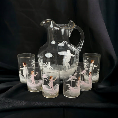 Mary Gregory Glass Pitcher and 6 Cups White and Pink (READ)