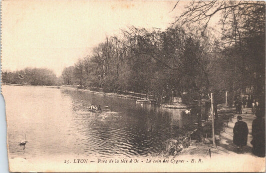 Vintage French Postcard - Lyon Parc de la Tete d'Or, Le coin des cygnes - ER