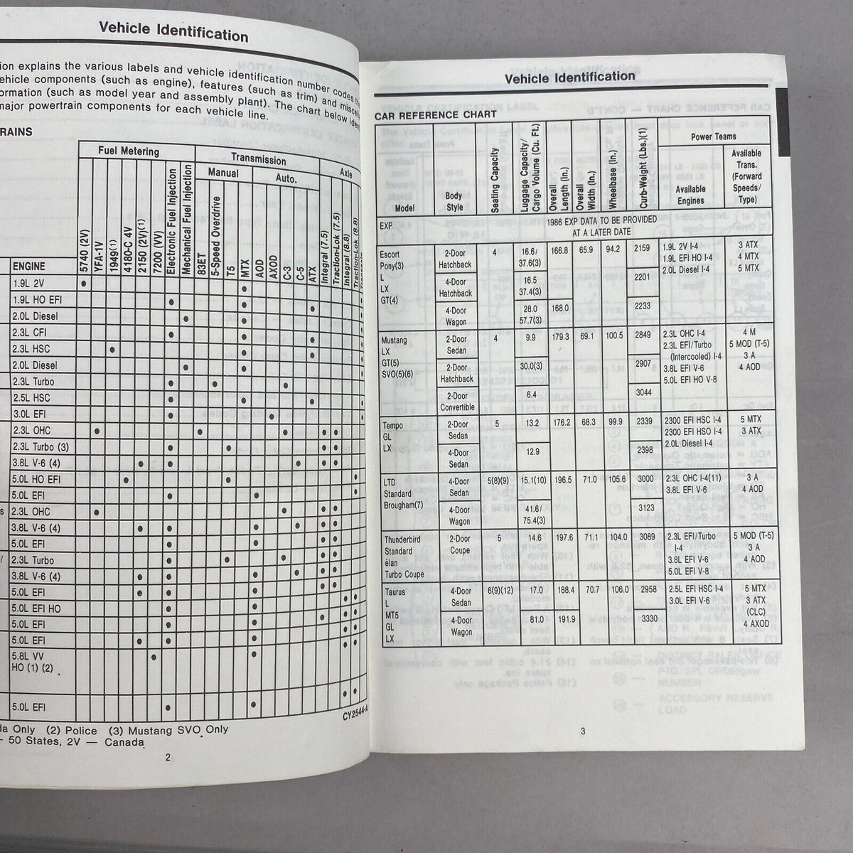 1986 Ford Car Specification Book